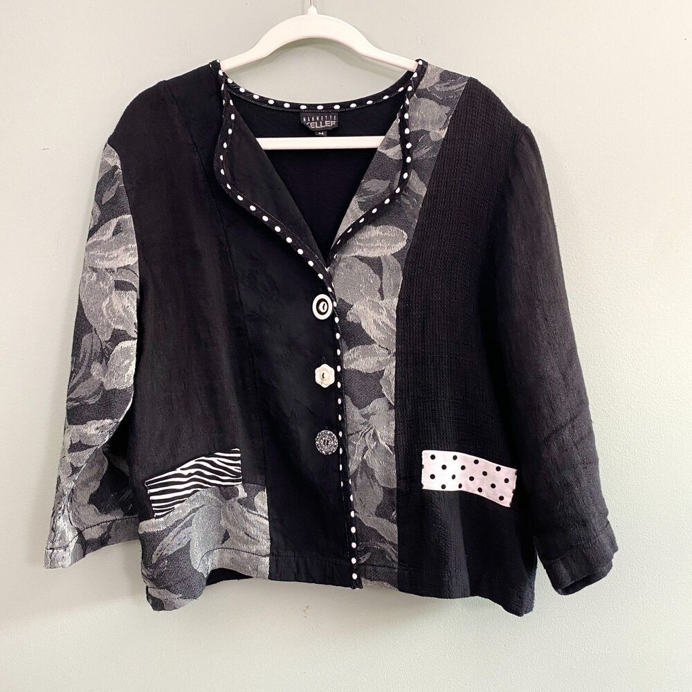 Nanette Keller Tapestry Jacket Womens Medium Black Green Art to Wear Lagenlook
